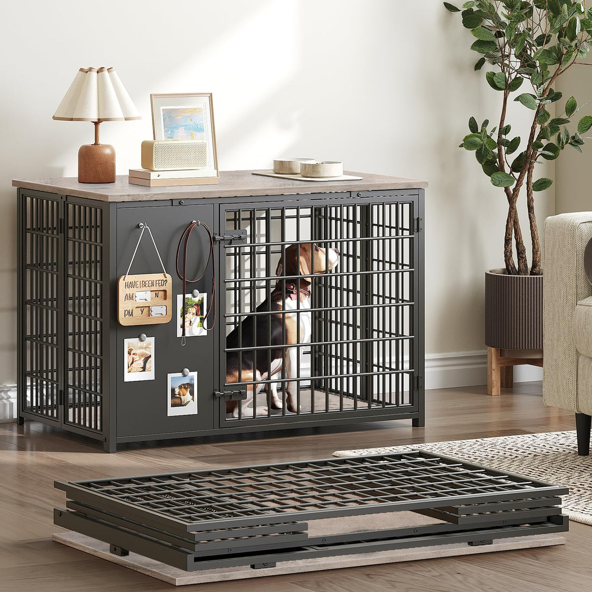 YATINEY foldable dog crate furniture blends into any room as a space-saving containment solution.