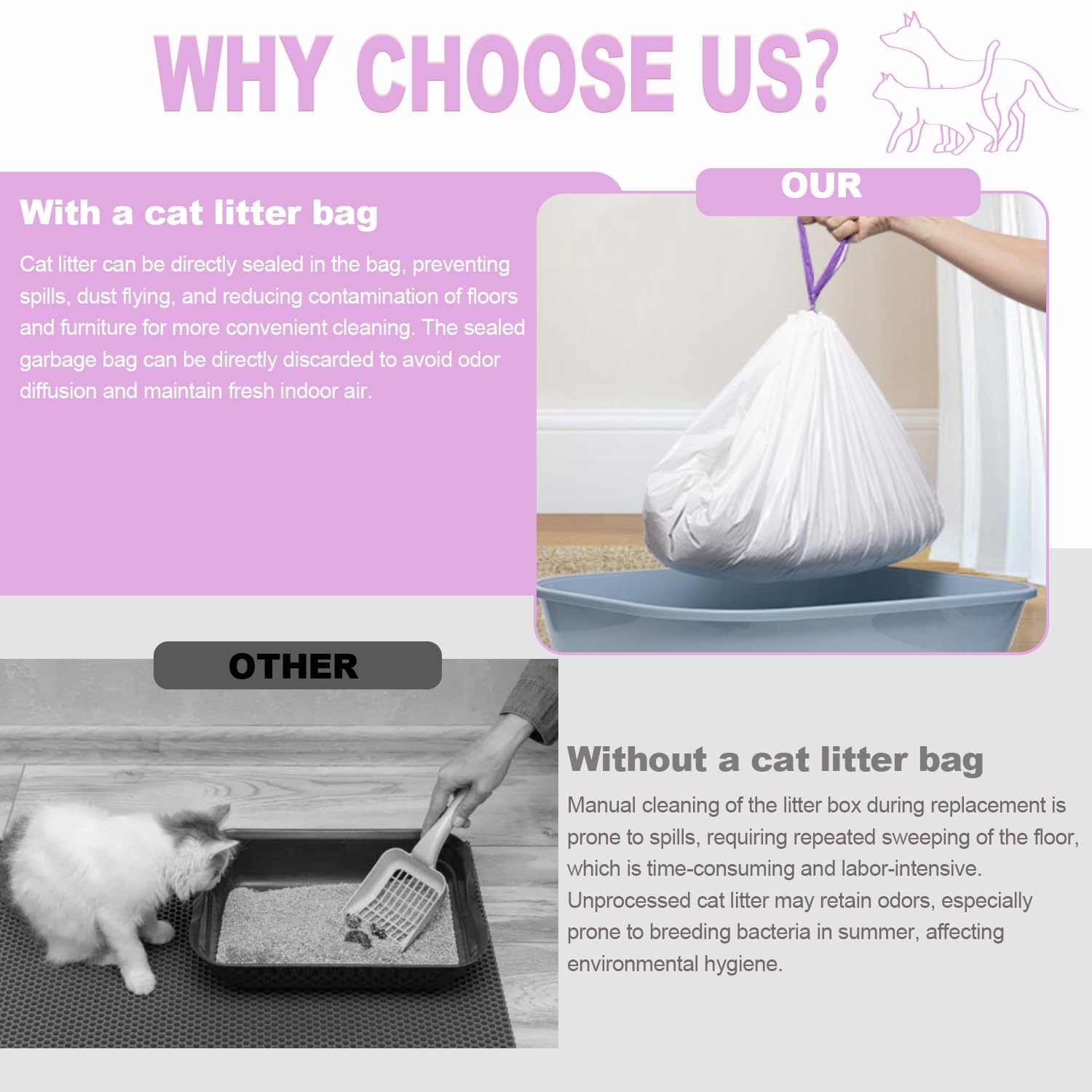 Purple drawstring seal for hygienic disposal and quick cleanup