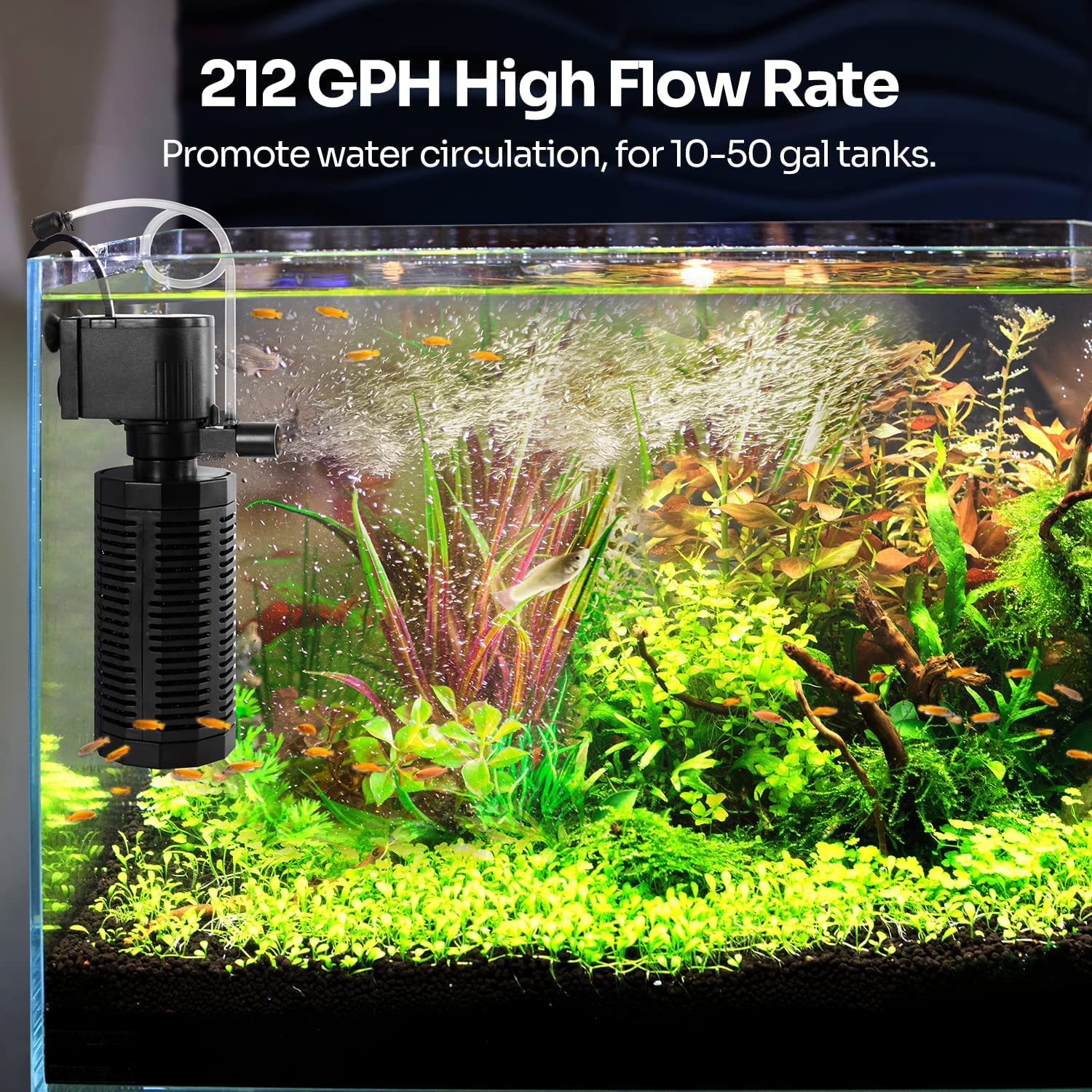 Yaubay aquarium filter demonstrates aeration at 212 GPH for better oxygen levels