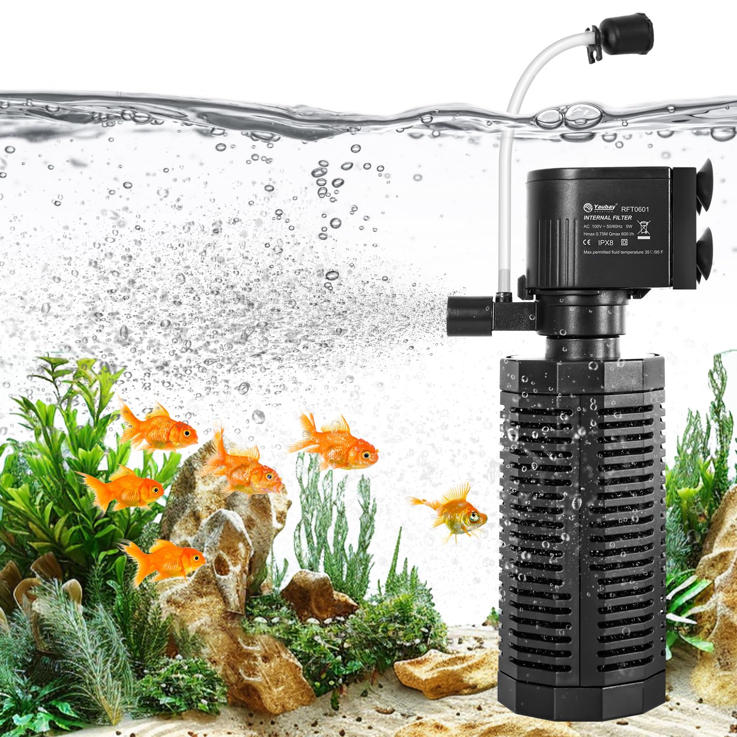 Yaubay aquarium internal filter with 360-degree suction for thorough tank cleaning