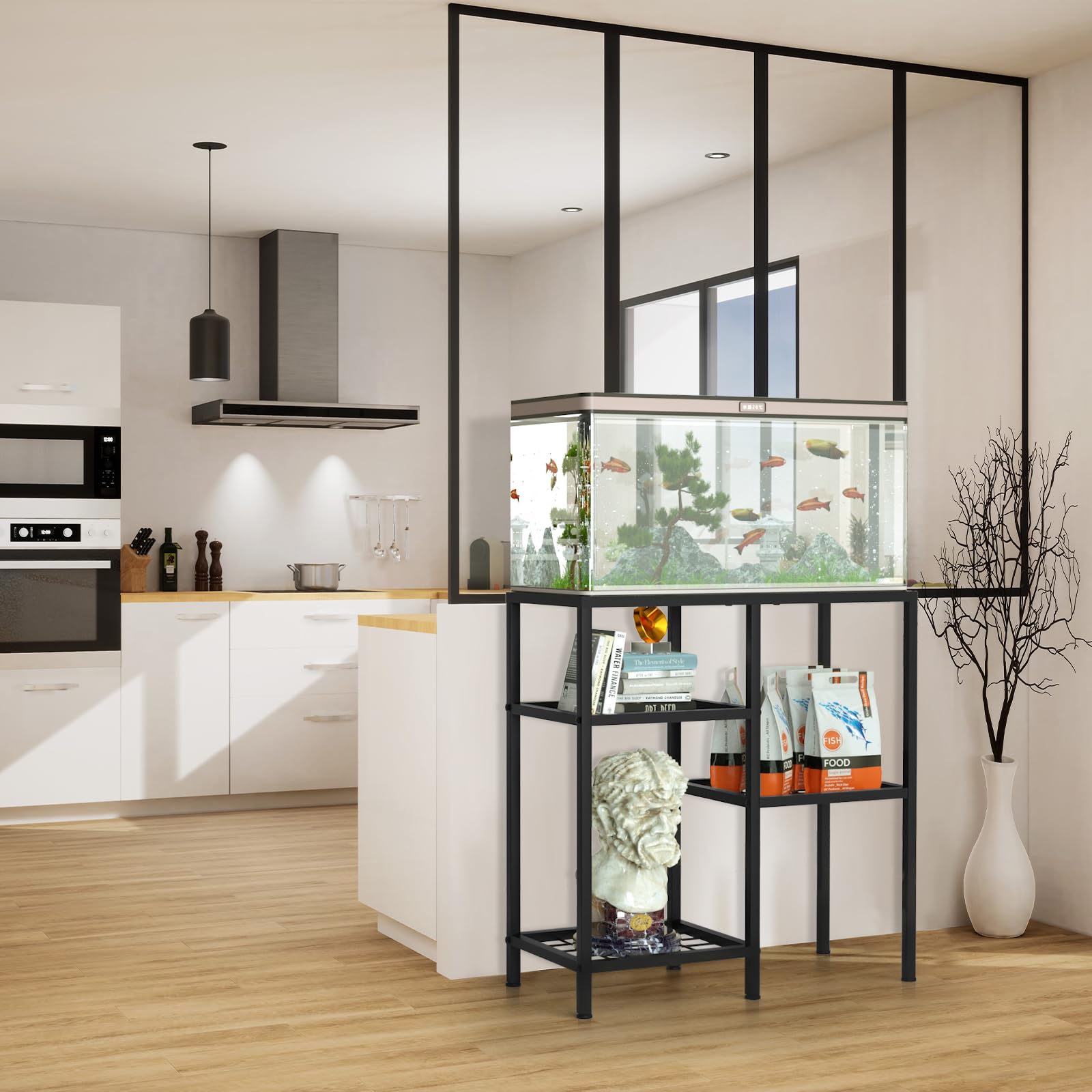 YBING Fish Tank Stand side view reveals compact footprint and stability
