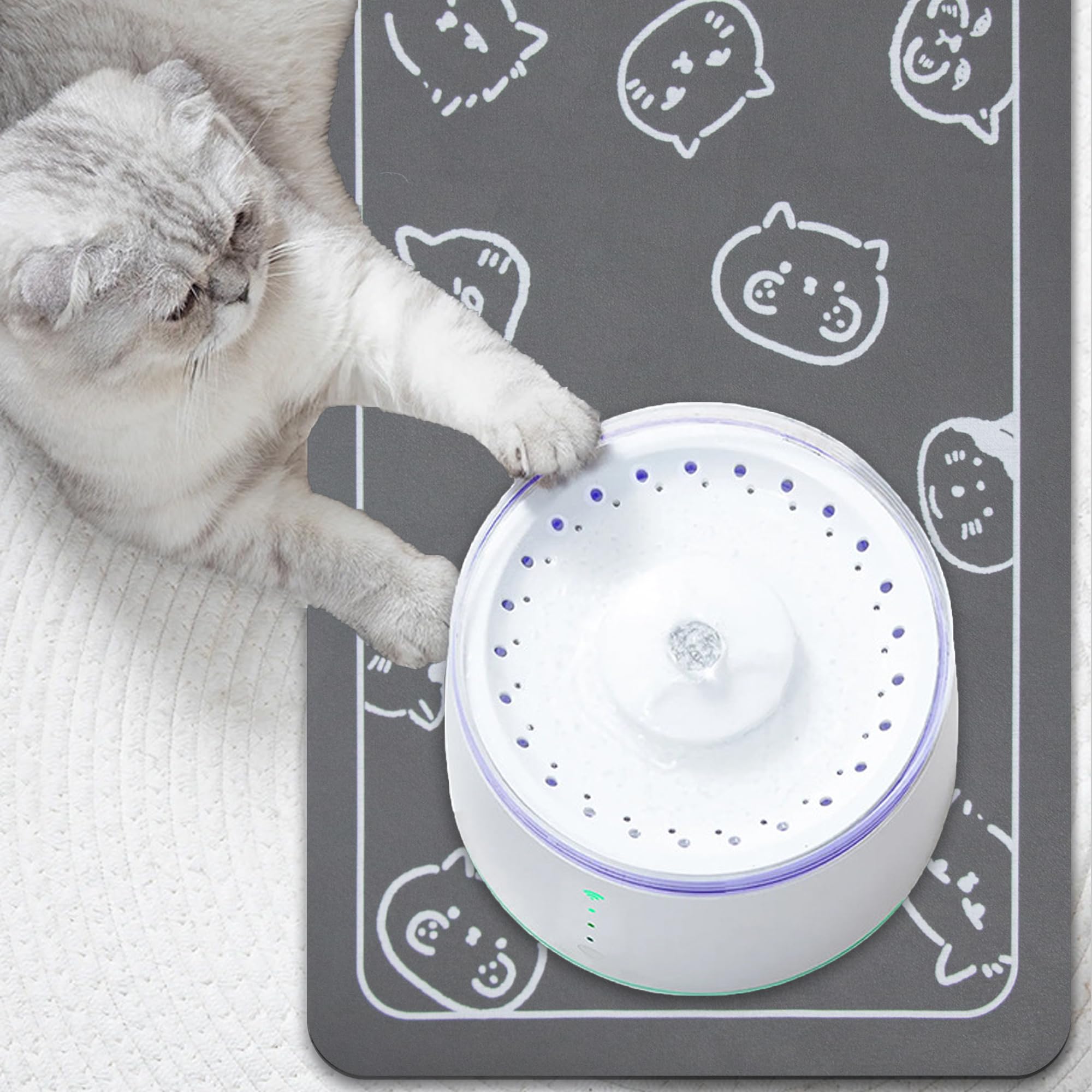 YCT cat food mat in dark gray blends with home decor.