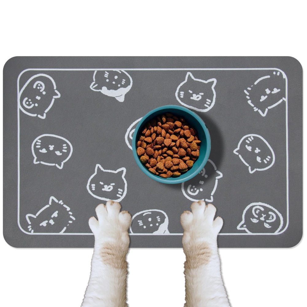 YCT cat food mat with non-slip backing keeps bowls in place and floors dry.