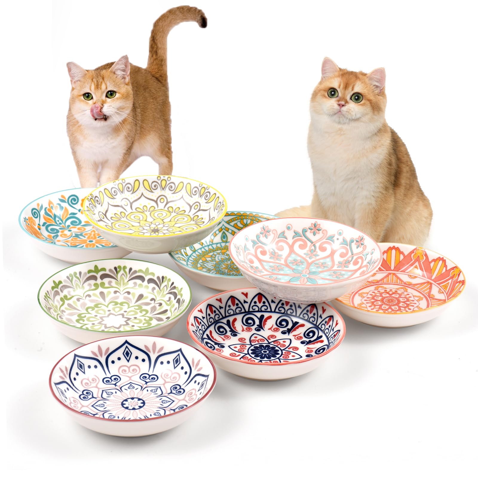 YEAHGO indoor cat bowls in ceramic glaze designed for easy cleaning.