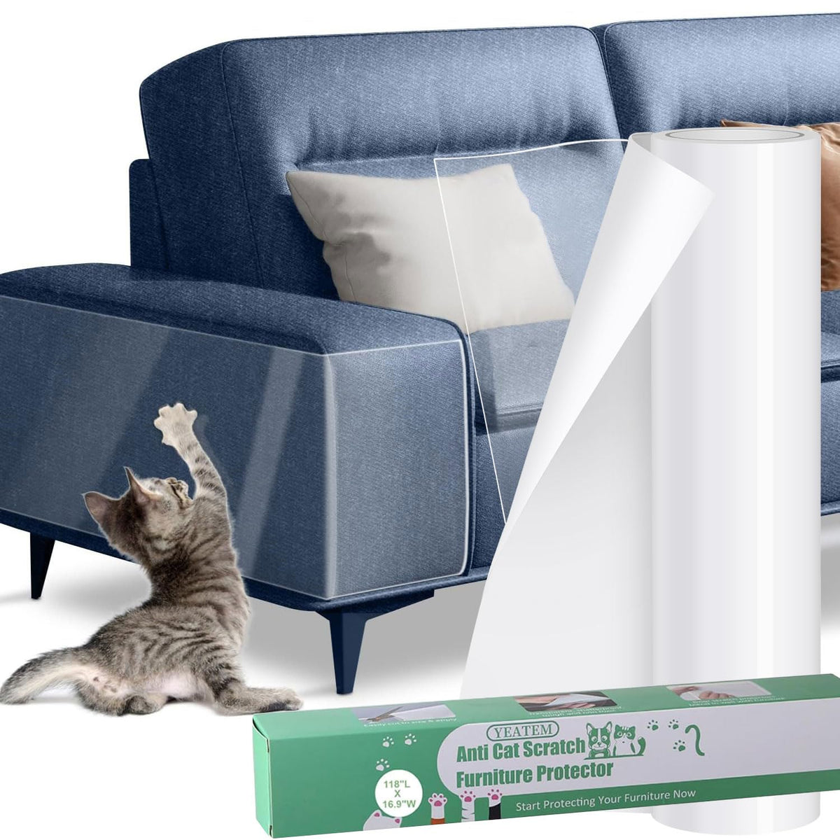 Yeatem thickened vinyl cat scratch protector on sofa shields fabric from claws.