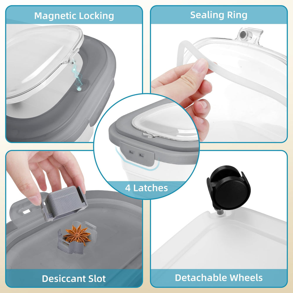 Airtight lid with silicone seal keeps kibble dry.