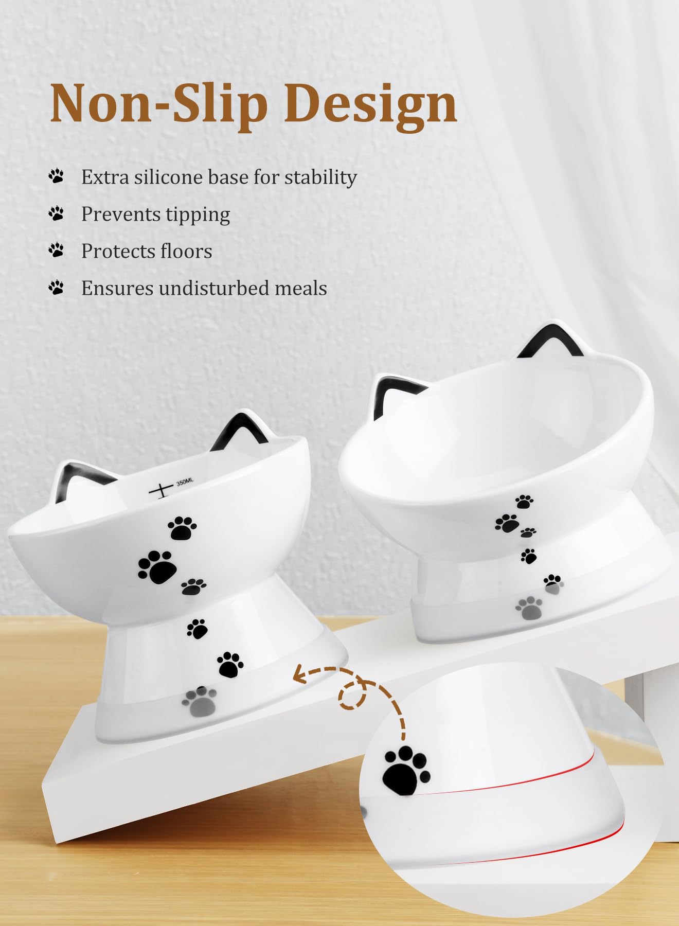 Yedio elevated cat bowl at four inches reduces neck strain for pets.