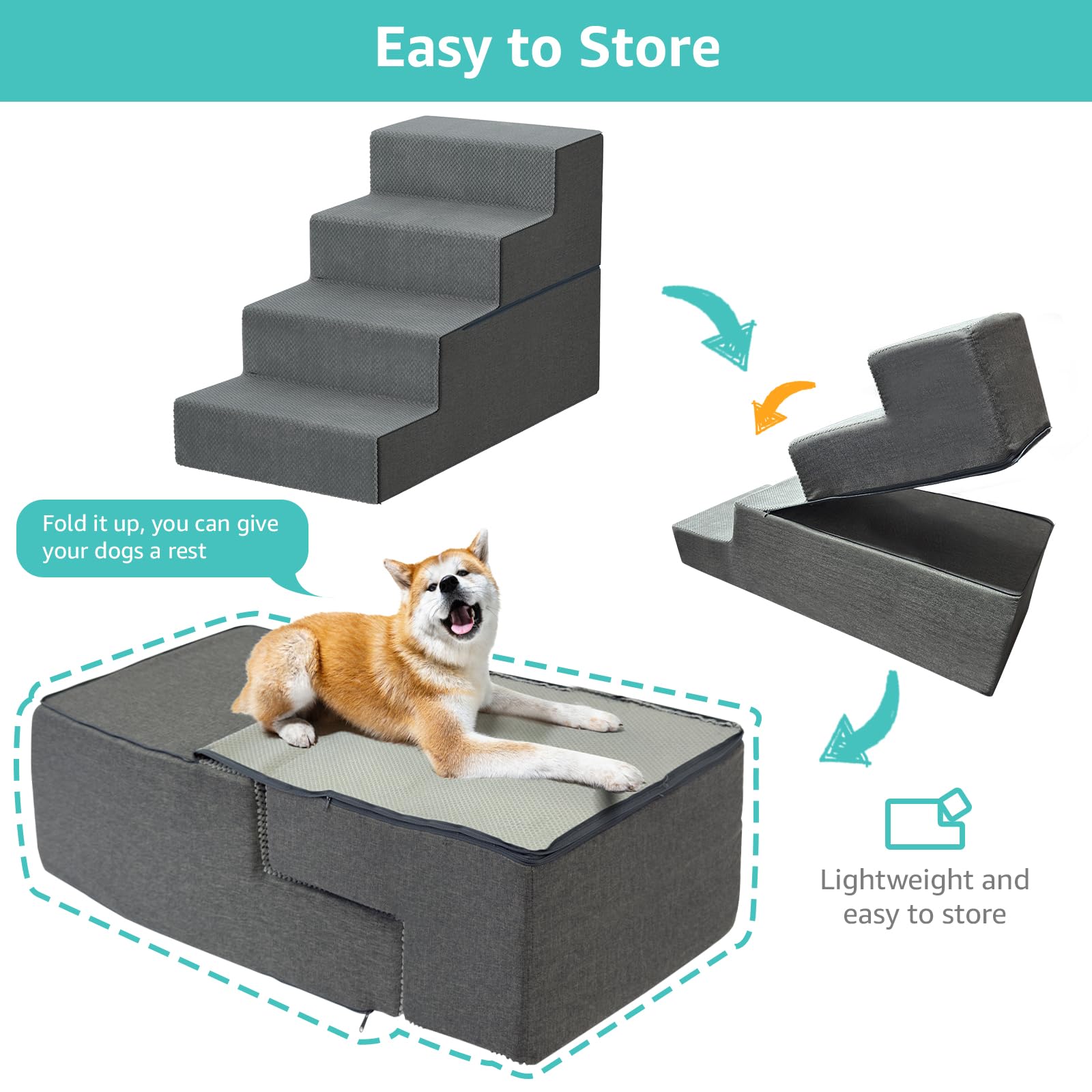 YENING Large Dog Stairs dog using step illustrates accessible daily routine.