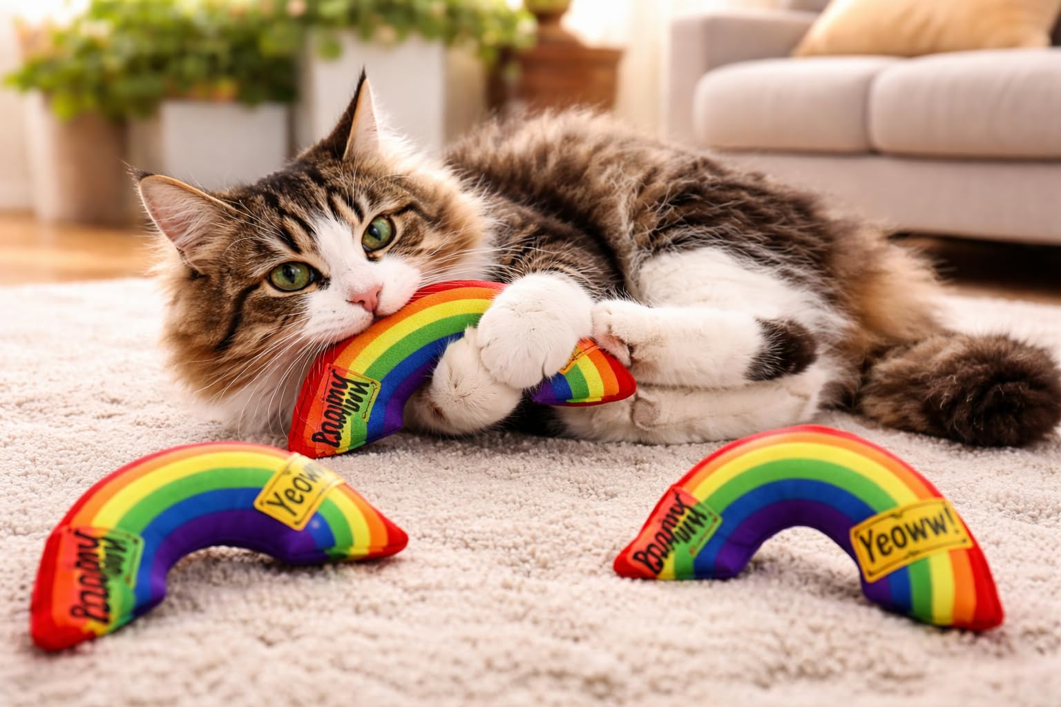Yeowww catnip rainbow toy close-up, premium organic catnip sparks sniffing.