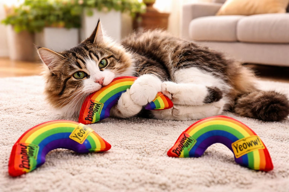 Yeowww catnip rainbow toy close-up, premium organic catnip sparks sniffing.