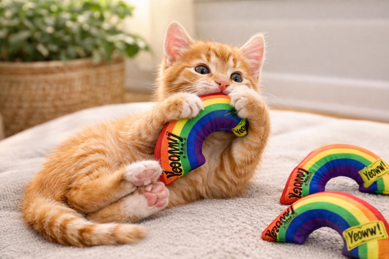 Yeowww rainbow catnip toy in use, engaging cats with scent and motion.