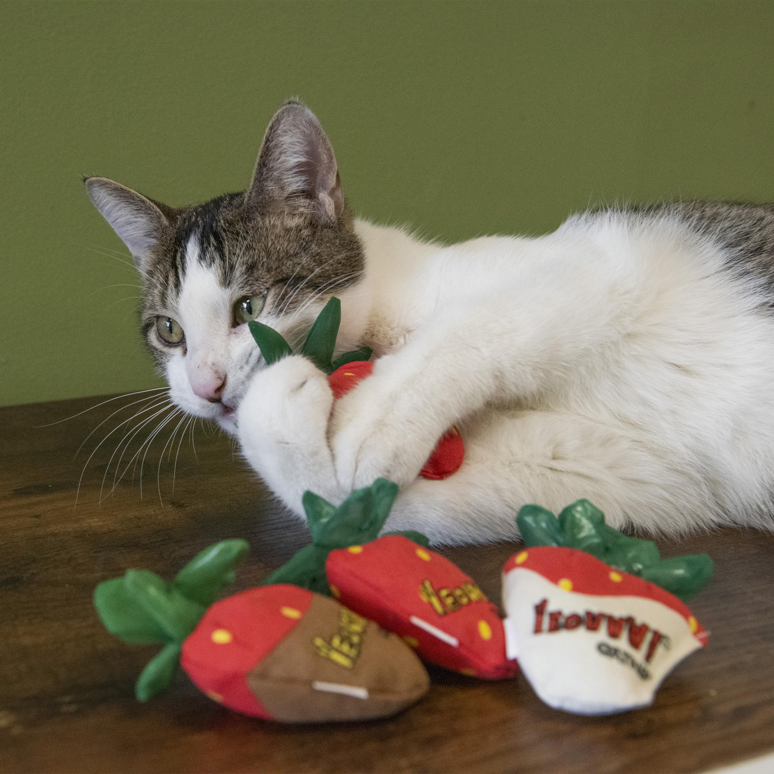 Yeowww! Strawberries catnip toy in action demonstrates scent-driven play