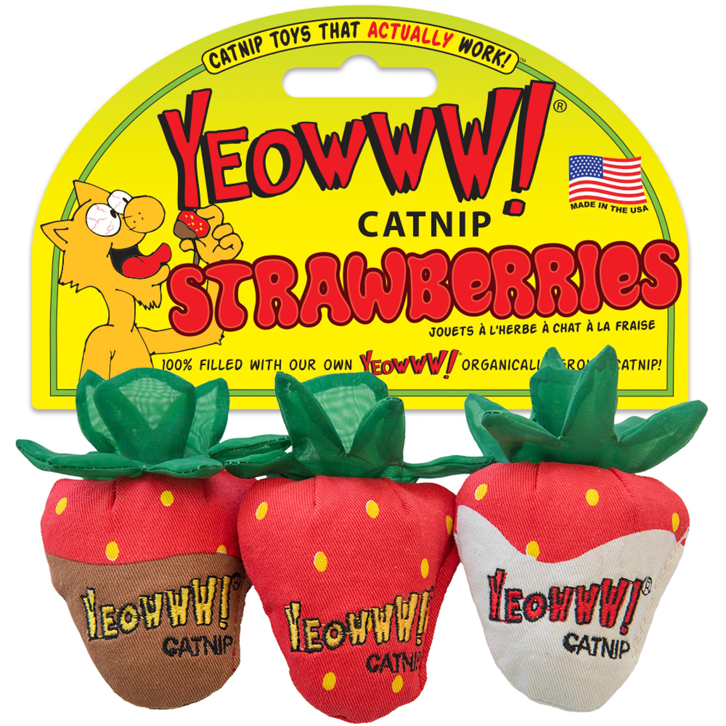 Yeowww! Strawberries catnip toy close-up shows plush texture and engaging scent for play