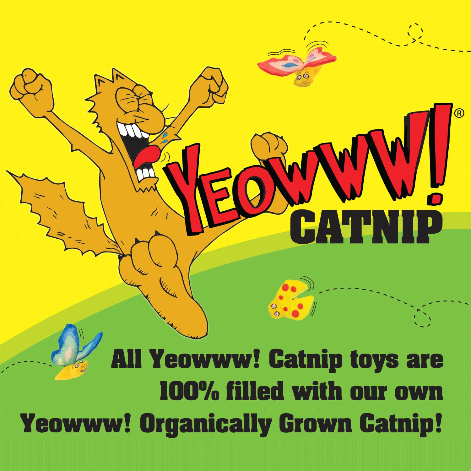 Yeowww! Strawberries catnip toy USA-made badge signals quality and domestic production