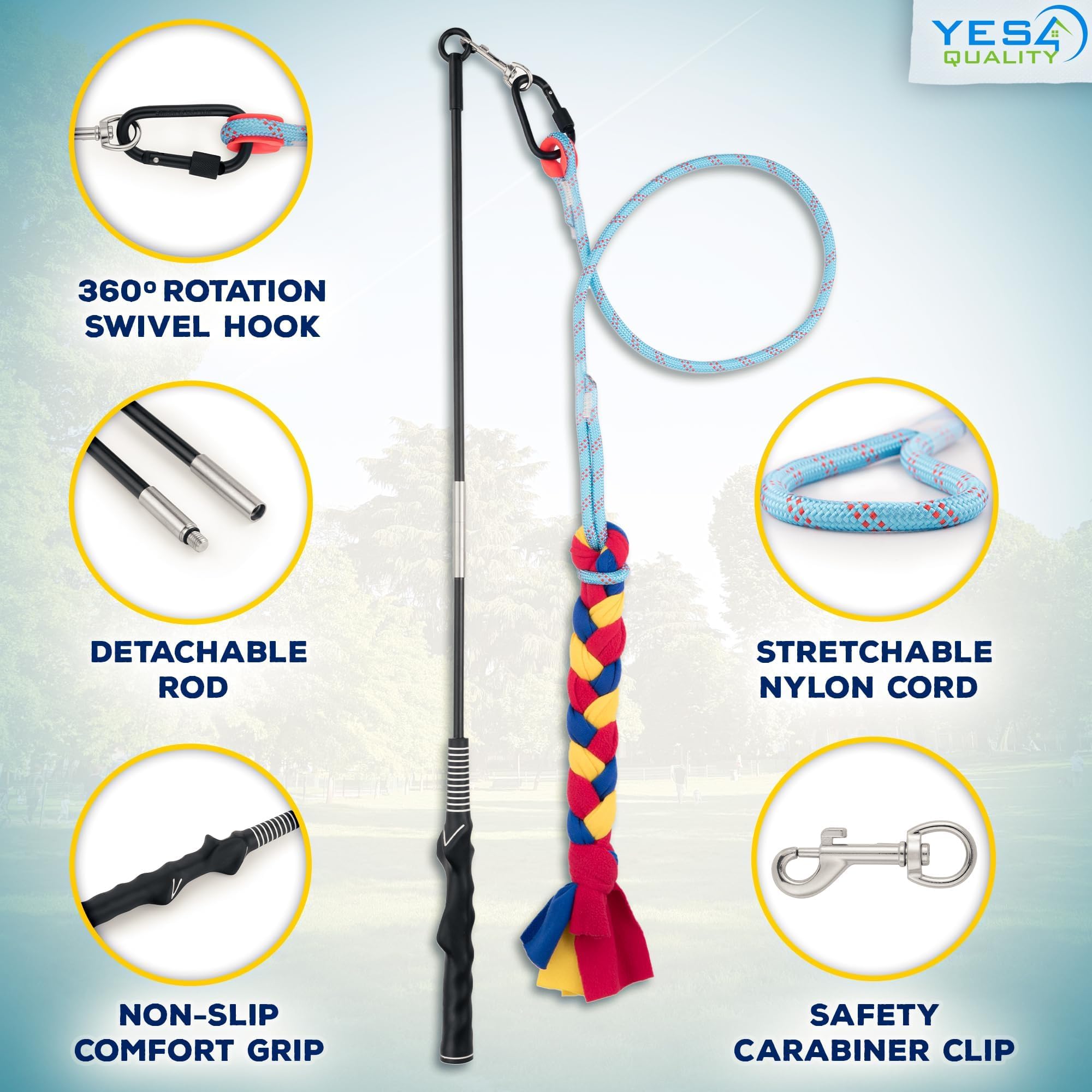 YES4QUALITY nylon cord on the flirt pole offers durable outdoor play