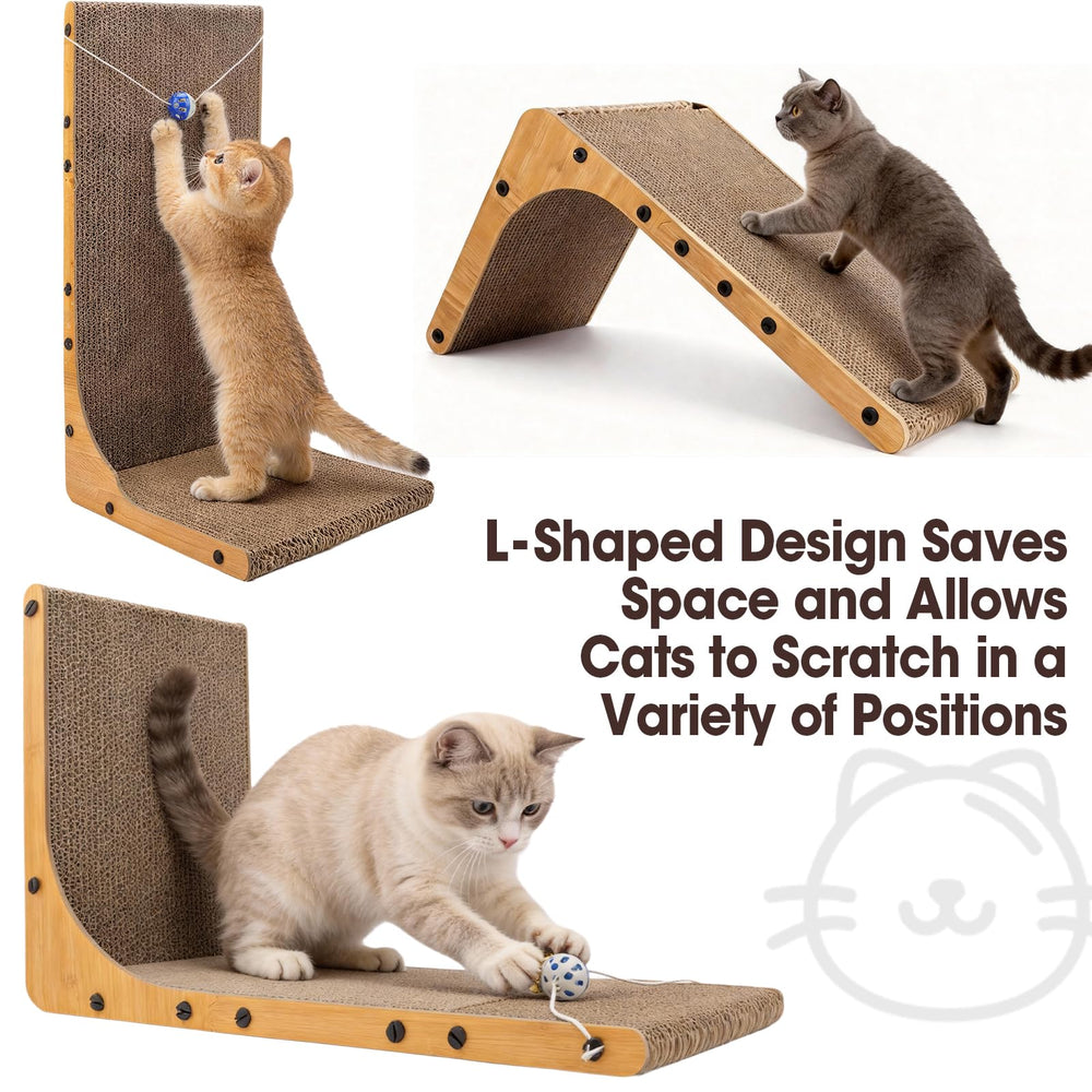 YesBes Cat Scratcher L-shape with ball toy, close-up reveals durable non-toxic cardboard.