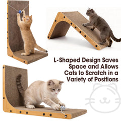 YesBes Cat Scratcher L-shape with ball toy, close-up reveals durable non-toxic cardboard.