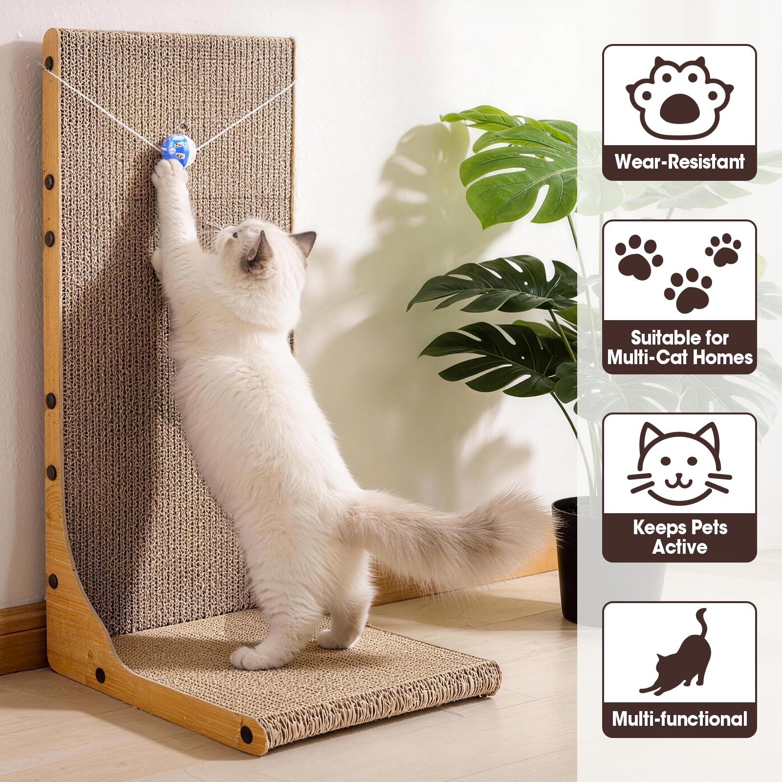 YesBes Cat Scratcher L-shape with ball toy, placed on the floor for easy access.