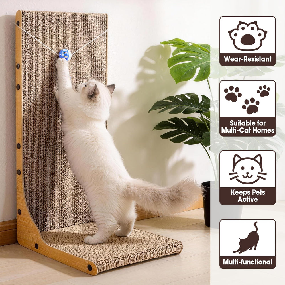 YesBes Cat Scratcher L-shape with ball toy, placed on the floor for easy access.