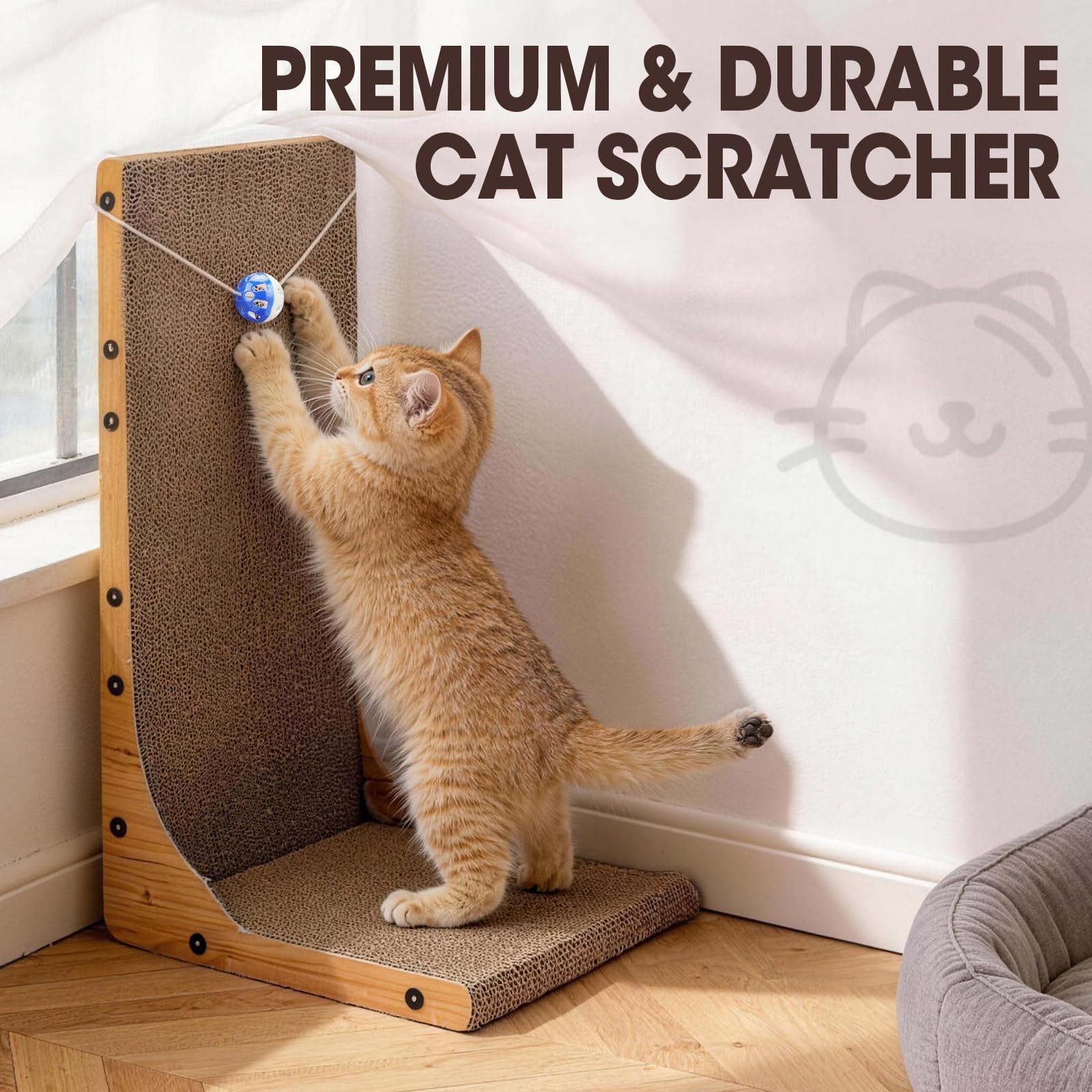 YesBes Cat Scratcher L-shape with ball toy, ready to install with included tools.