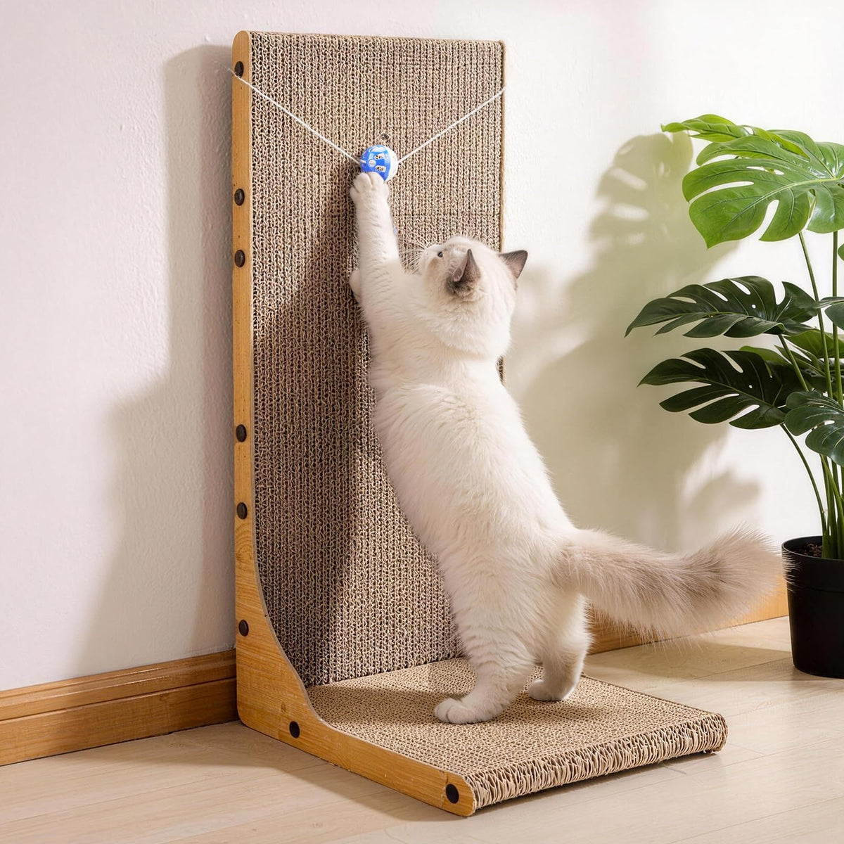YesBes Cat Scratcher L-shape with ball toy, ideal for wall placement and indoor play.