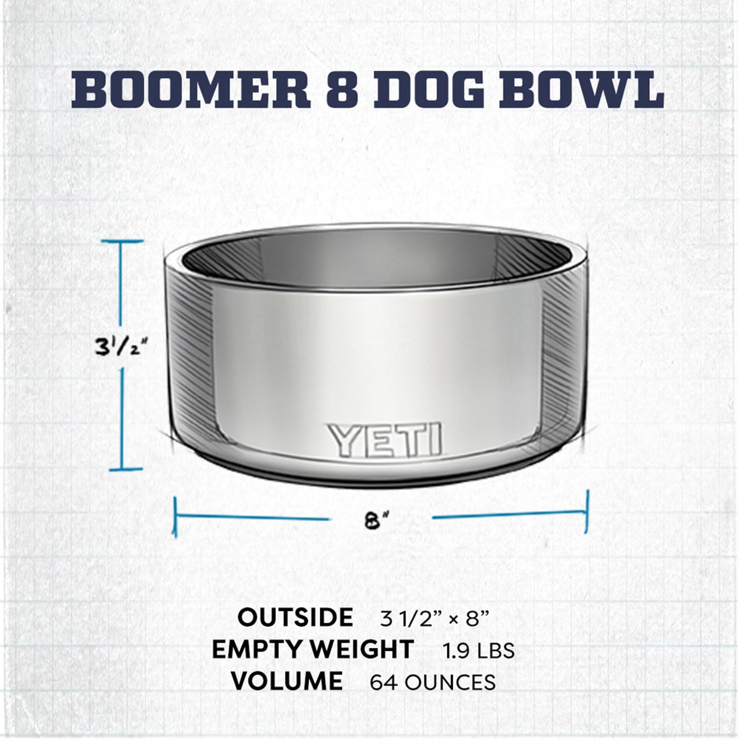 Close-up of 18/8 stainless steel on YETI Boomer 8 bowl.