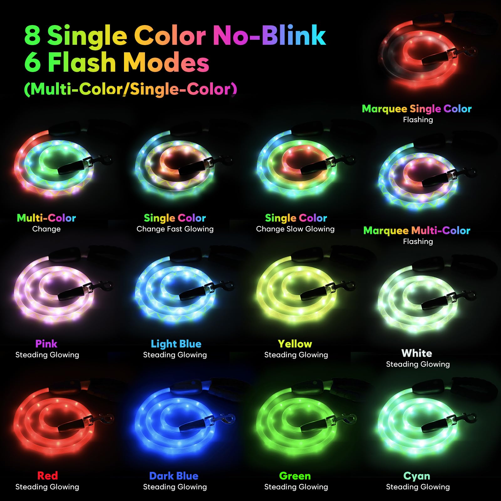 YFbrite leash with 15 modes for customizable outdoor visibility during walks.