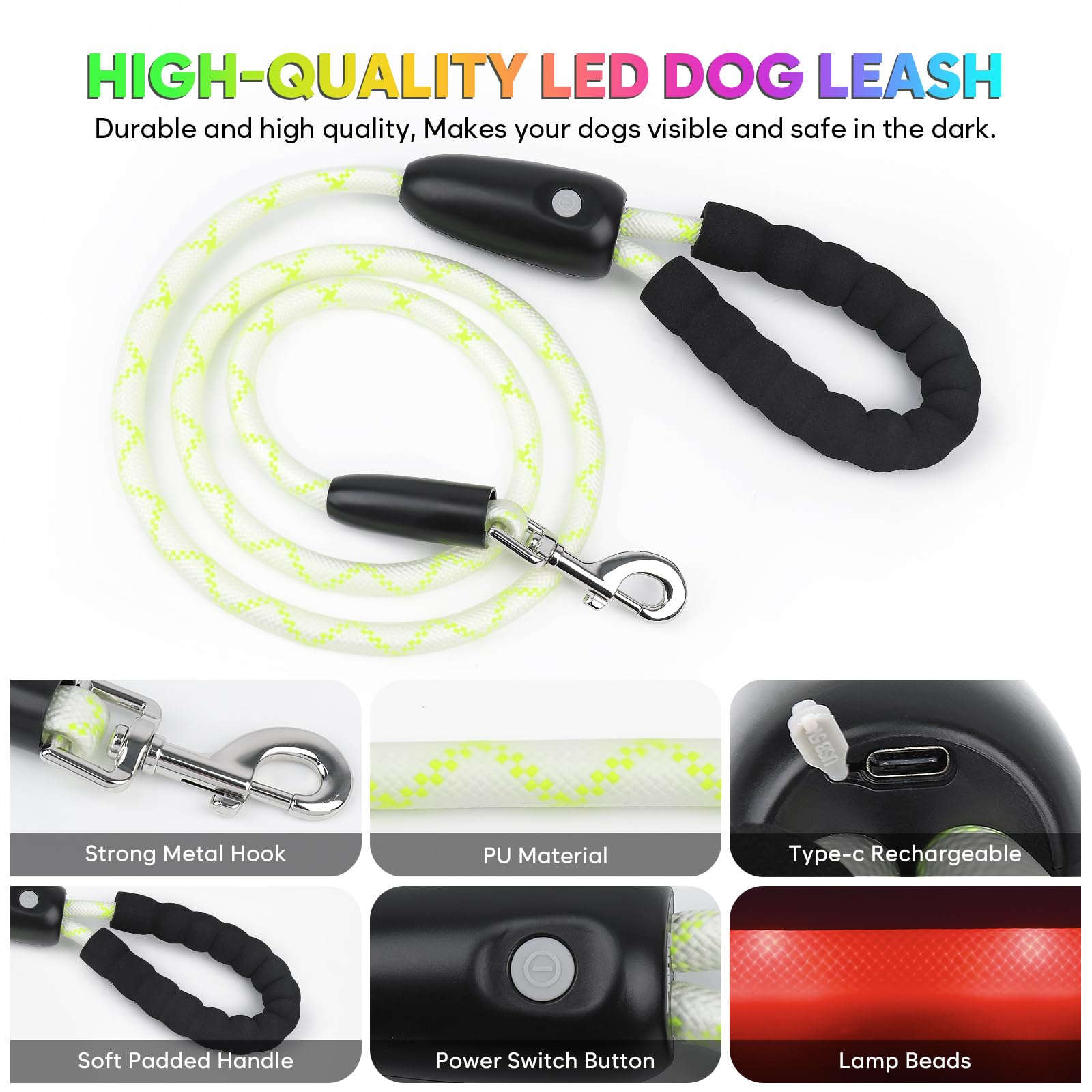YFbrite waterproof silicone leash resists dirt and rain for daily outdoor use.