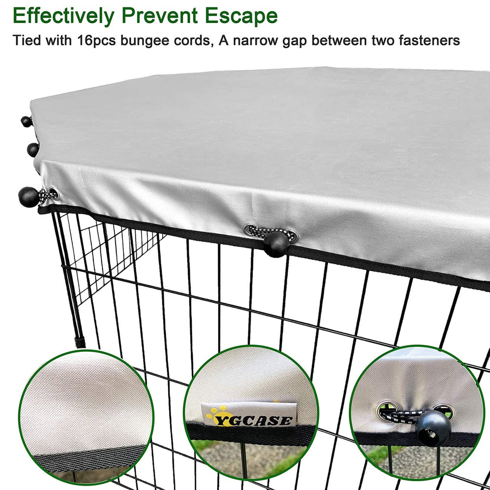 YGCASE cover with tightened bungee cords prevents escape from the pen