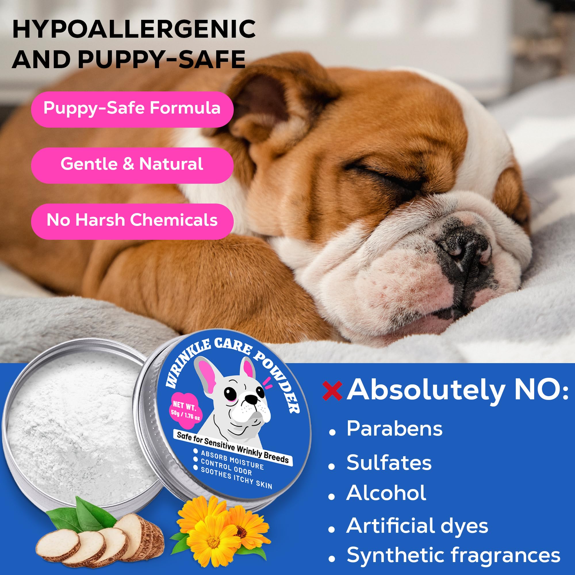 Calendula-infused formula soothing bulldog skin in folds and tail pockets.