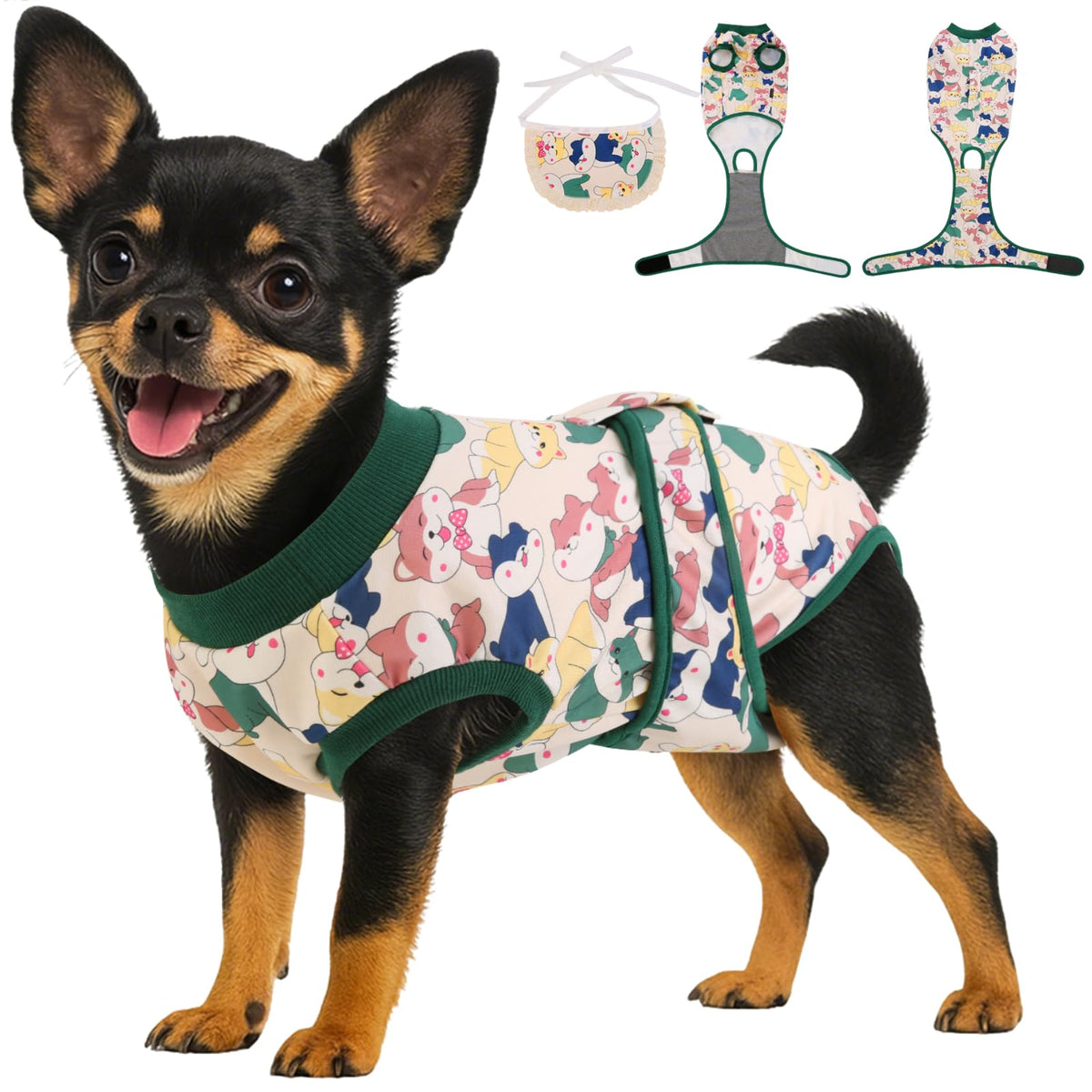 YibooAura recovery suit on a dog in front view showing wound protection and comfort