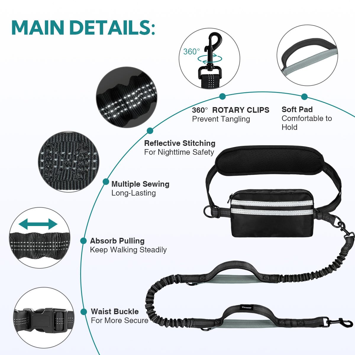 Yicostar waist belt leash with zipper pouch for convenient storage on walks