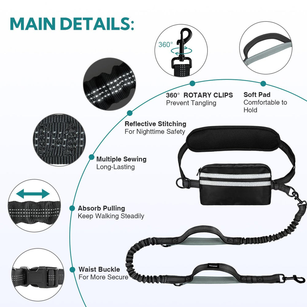 Yicostar waist belt leash with zipper pouch for convenient storage on walks