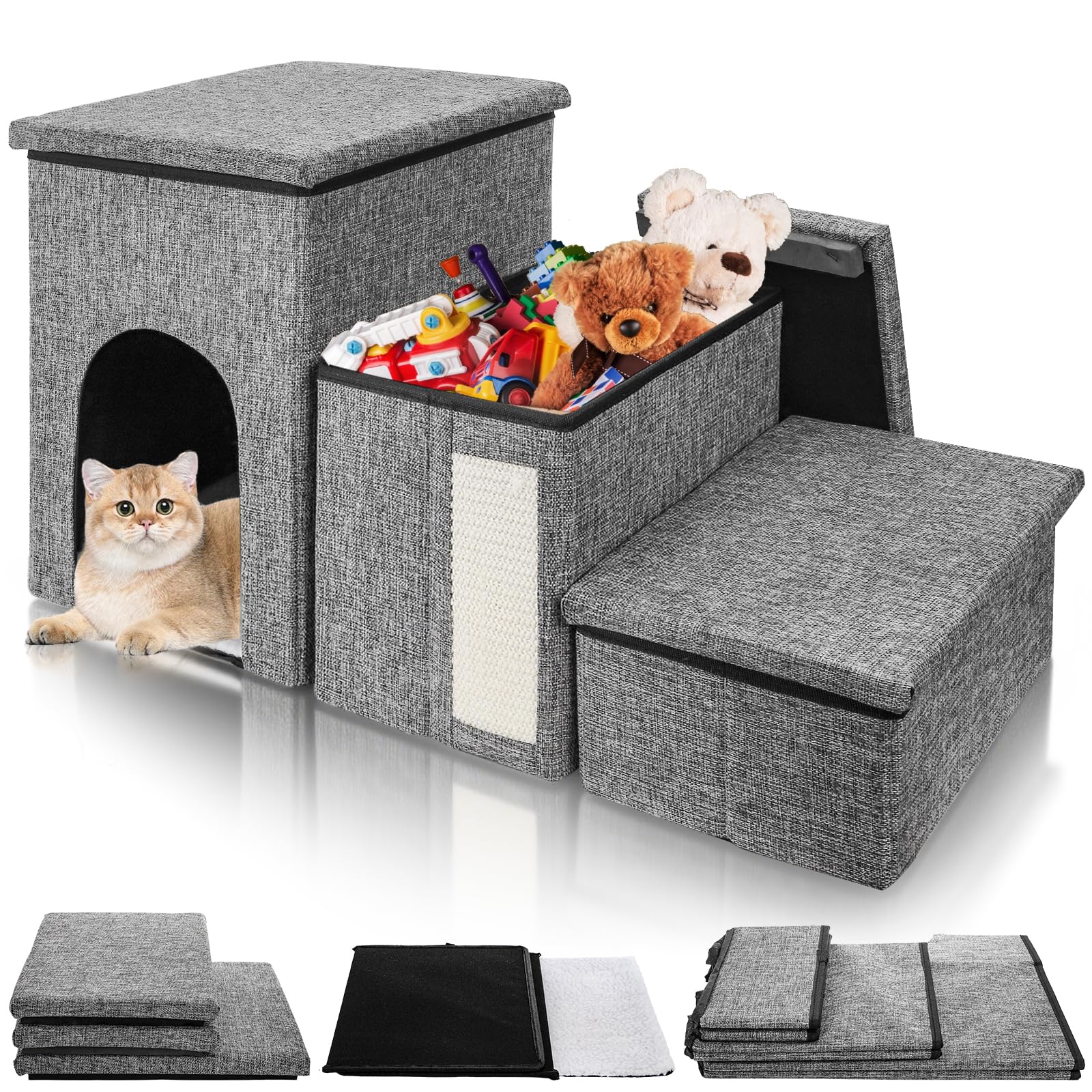 YIMITEE 3-tier dog stairs with storage beside a bed for easy access.