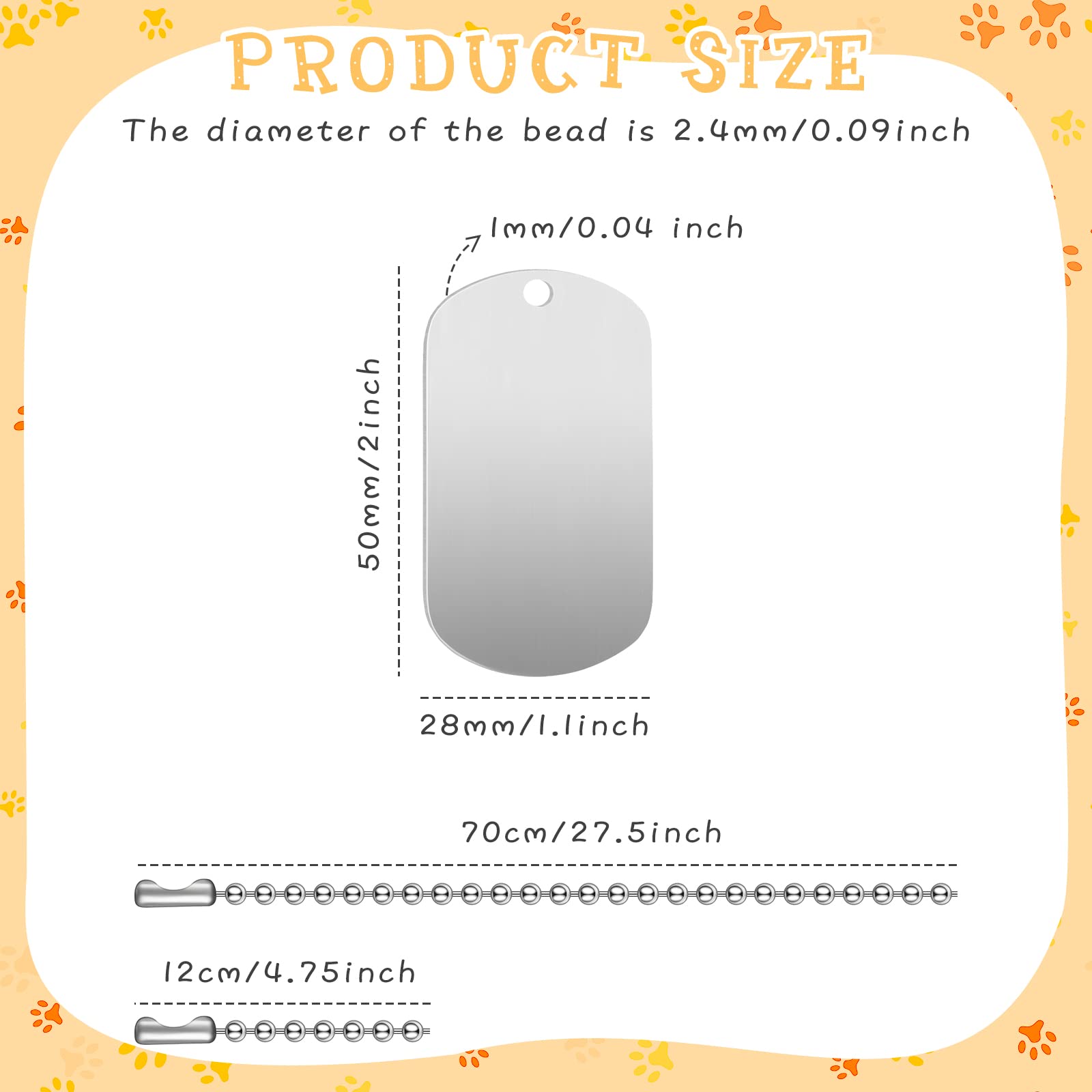 Yinkin 12 cm stainless-steel dog tag chains for secure daily wear.