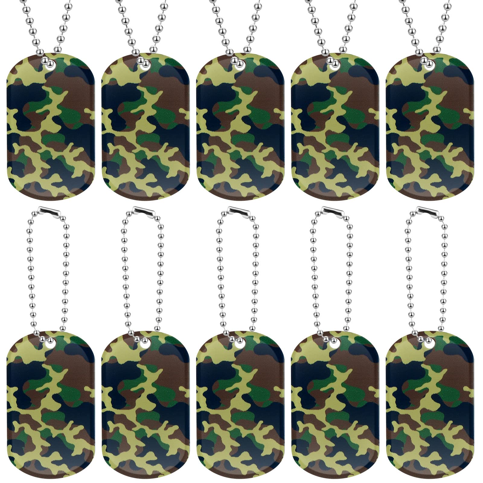 Yinkin military dog tag close-up in dark green camouflage with durable acrylic.