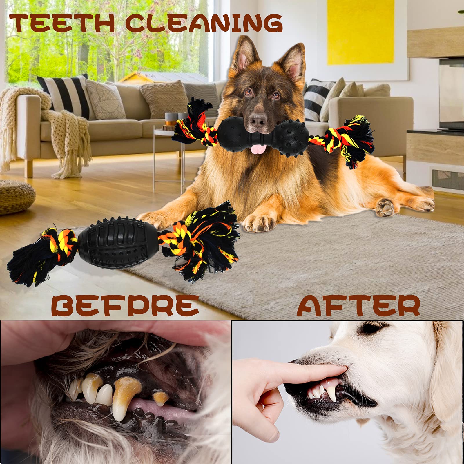 Yipetor puppy teething toy soothes gums with rubber and cotton rope.
