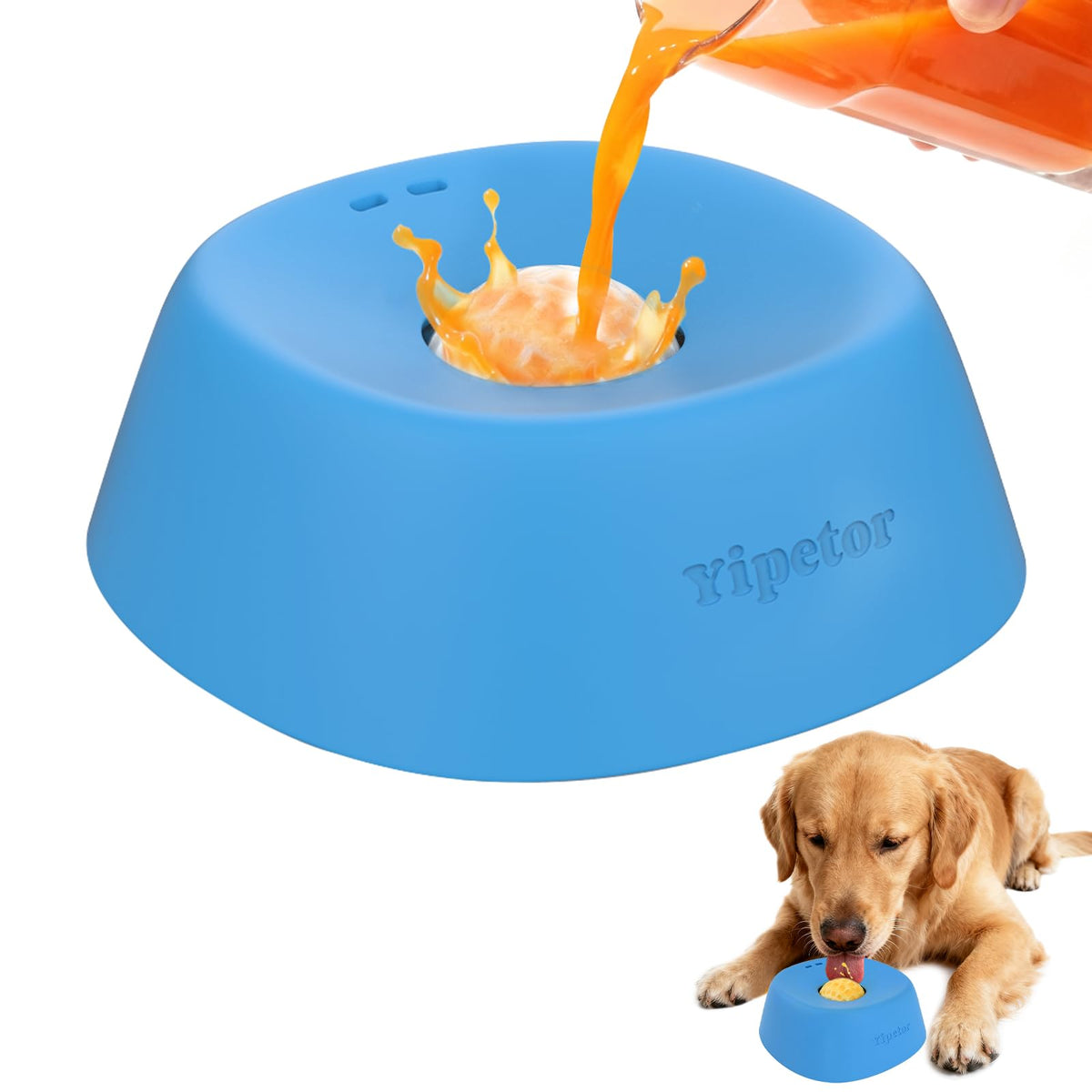 Yipetor slow-feeder dog bowl with ball-in design reduces spills during meals.