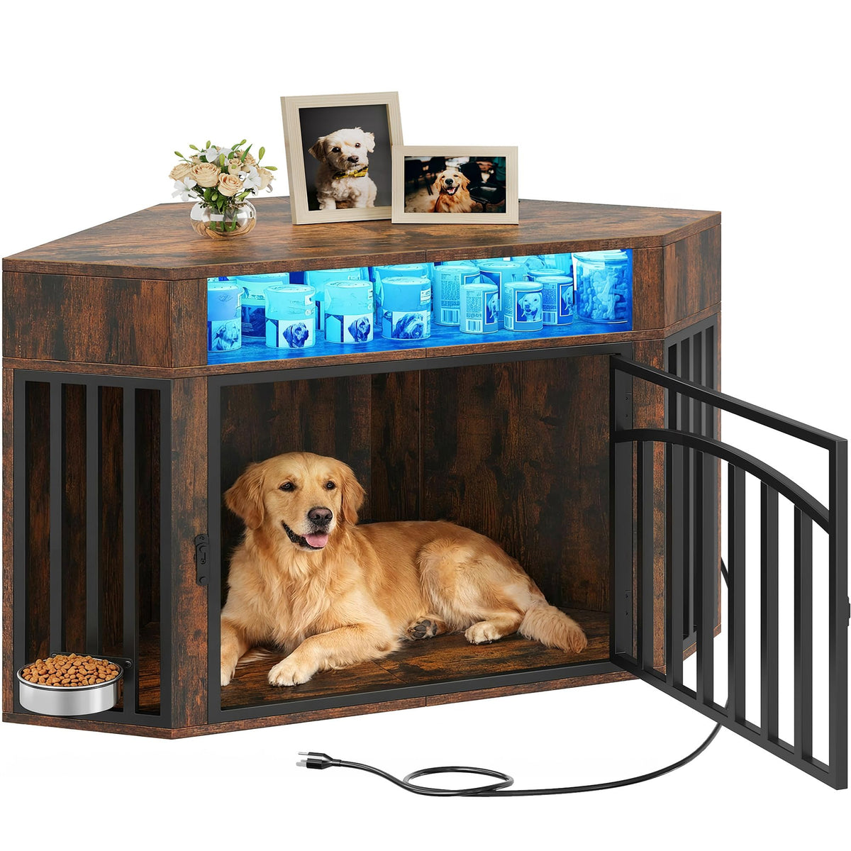 YITAHOME corner dog crate with LED lighting and bowl for cozy meals