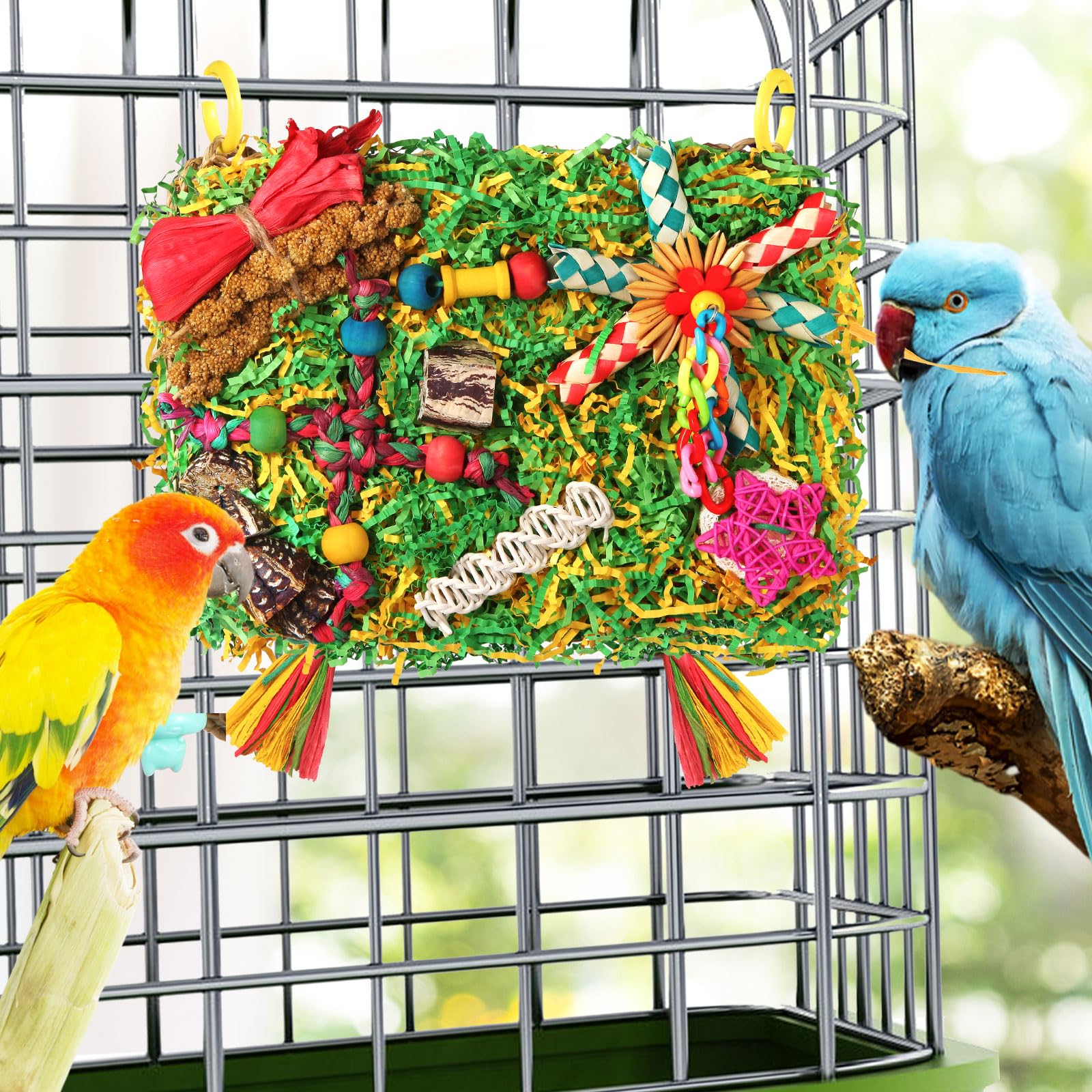 YIXUND enrichment toy supports beak health through varied chew pieces