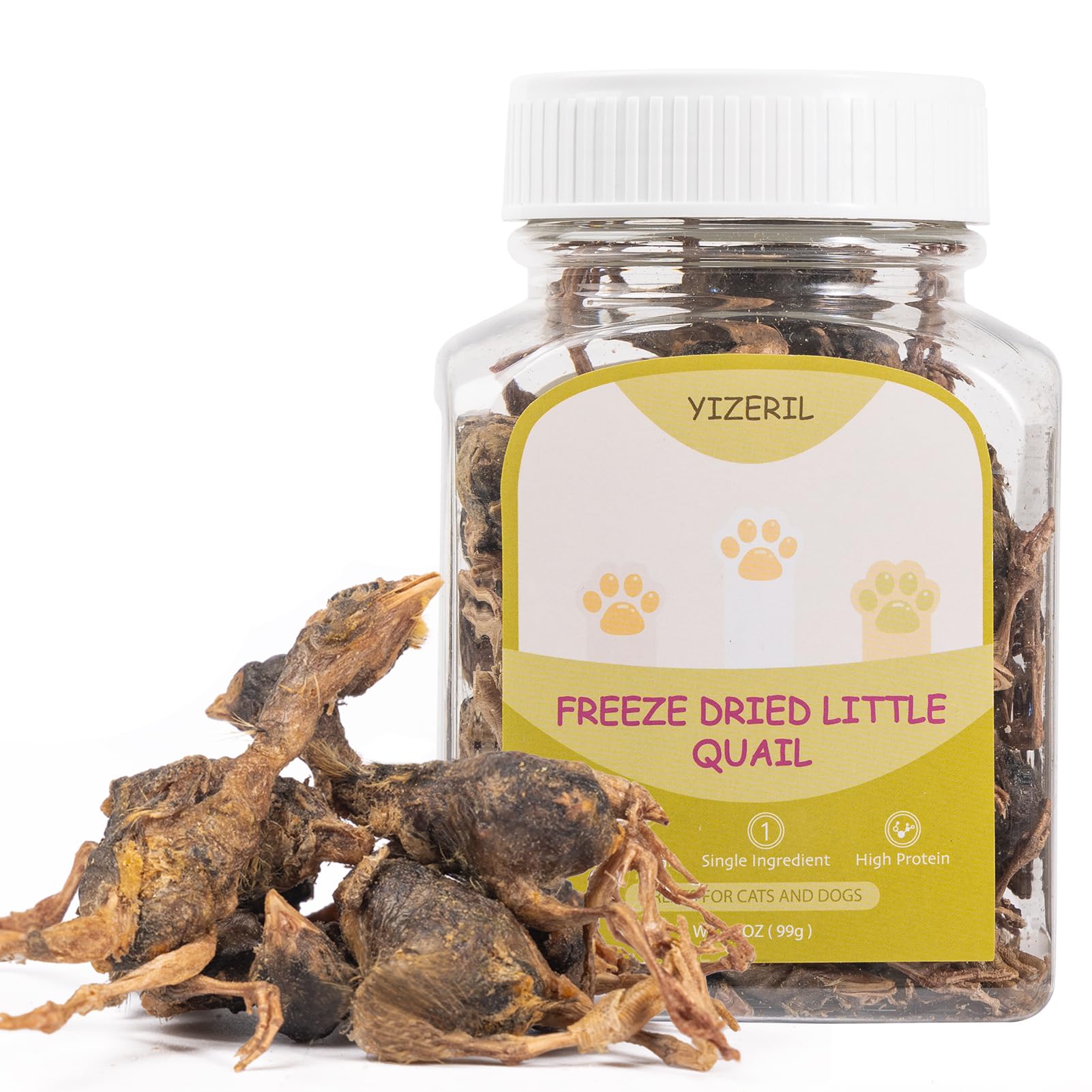 Yizeril freeze-dried quail treats in a single-ingredient pack.
