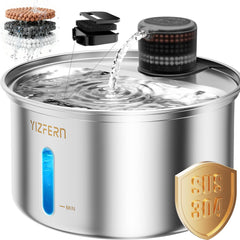 YIZFERN cat water fountain front view in black with sleek stainless finish for easy hydration at a glance