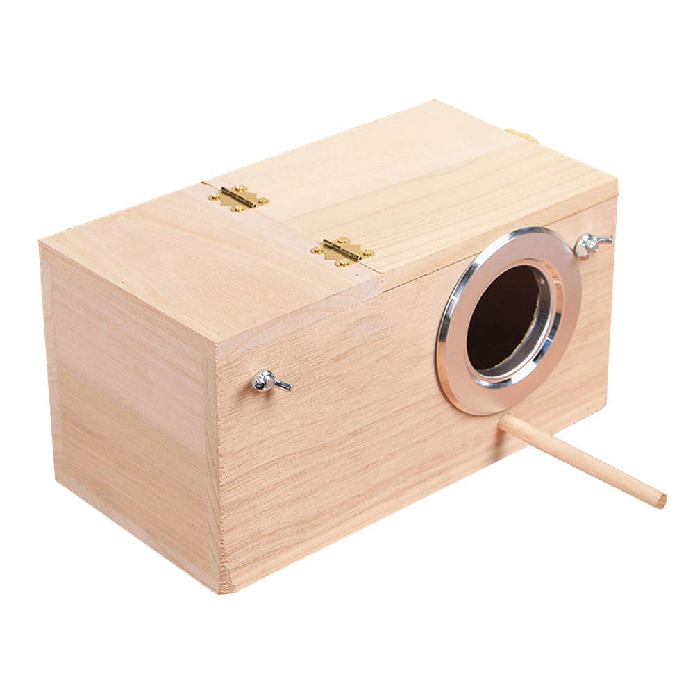 YJJKJ wood parakeet nest box exterior demonstrates natural finish for cozy nesting.