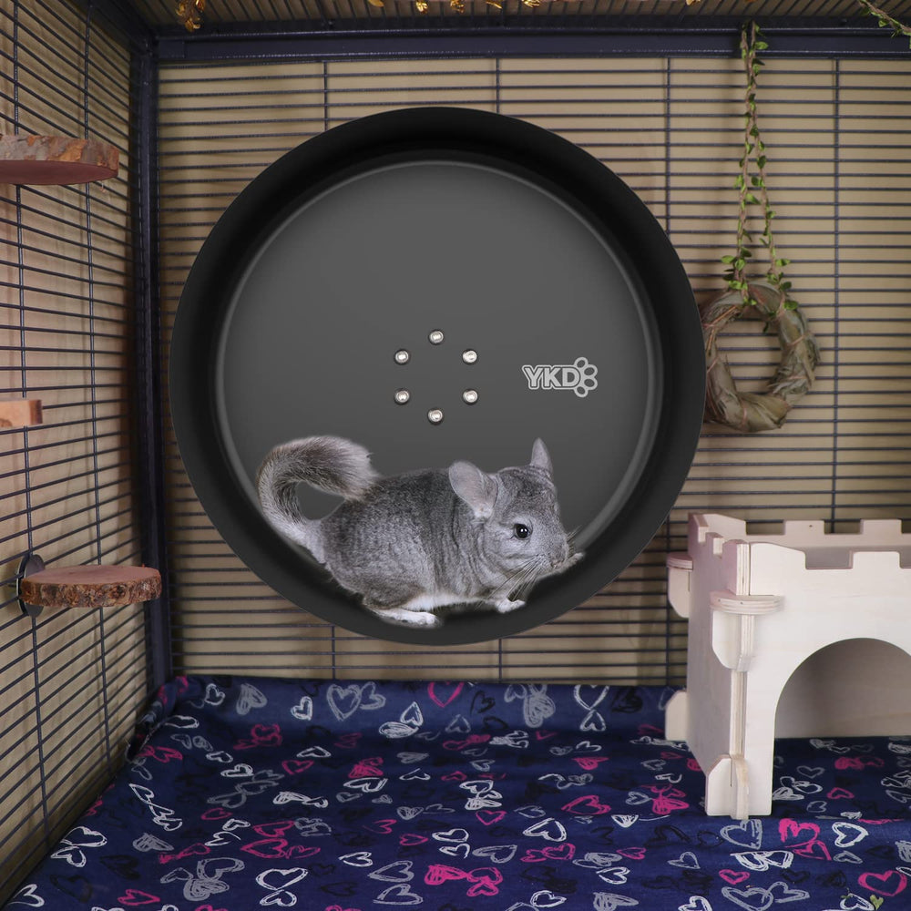 YKD 15-Inch Silent Chinchillas Wheel in-use, showing calm nights and active small pets.