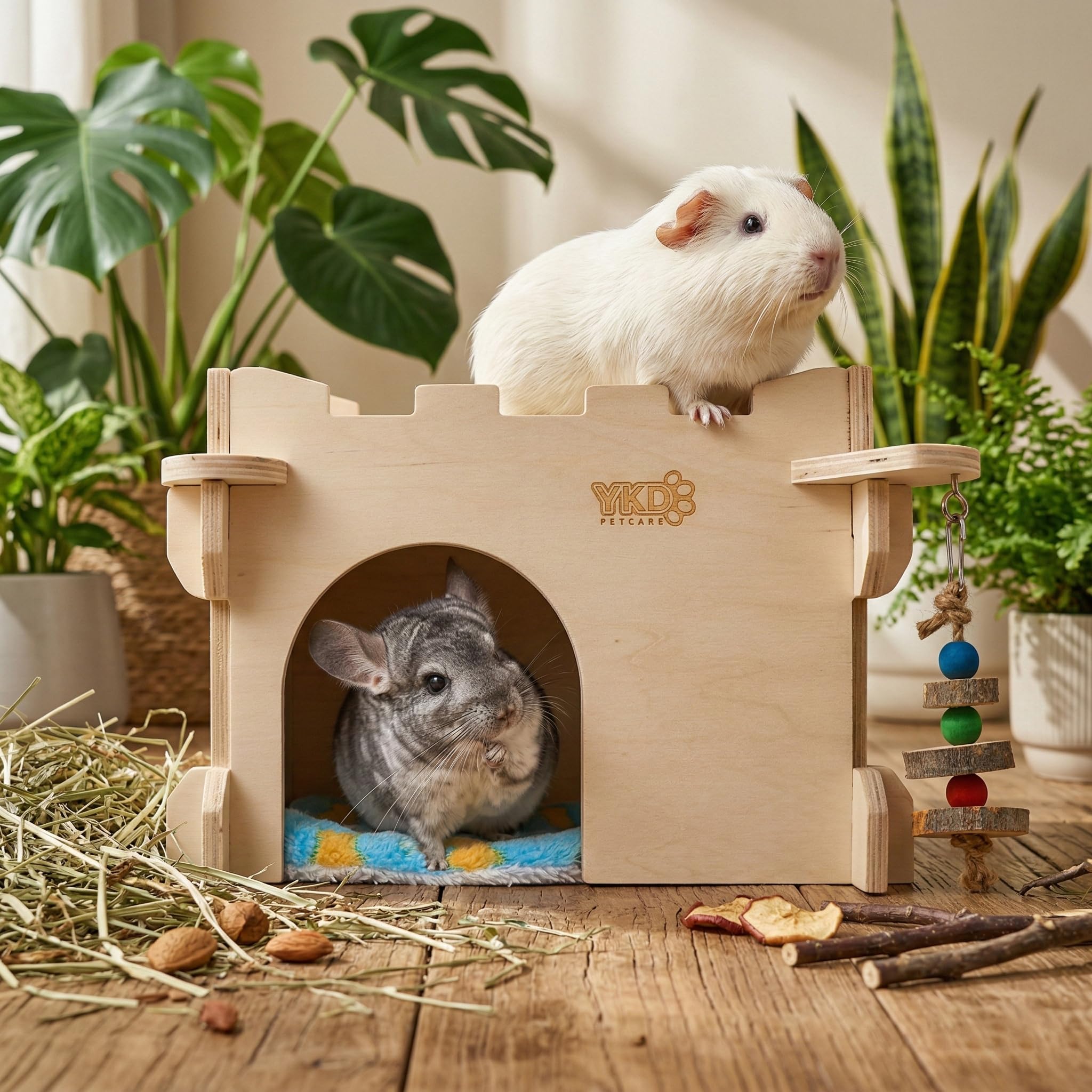 YKD Castle Chinchilla House roof access invites enrichment with toys.