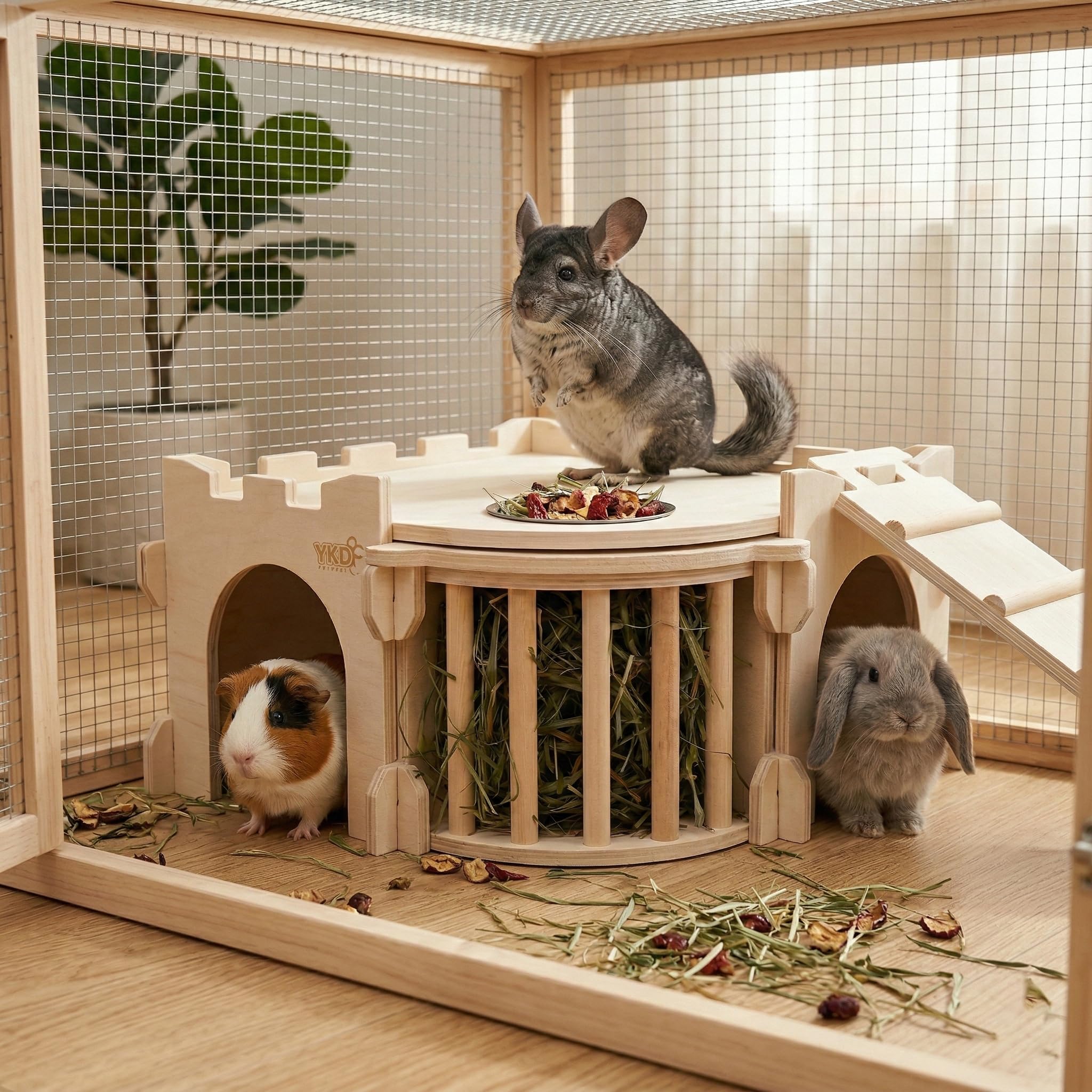 YKD Natural wood rabbit house with ladder for easy access and setup