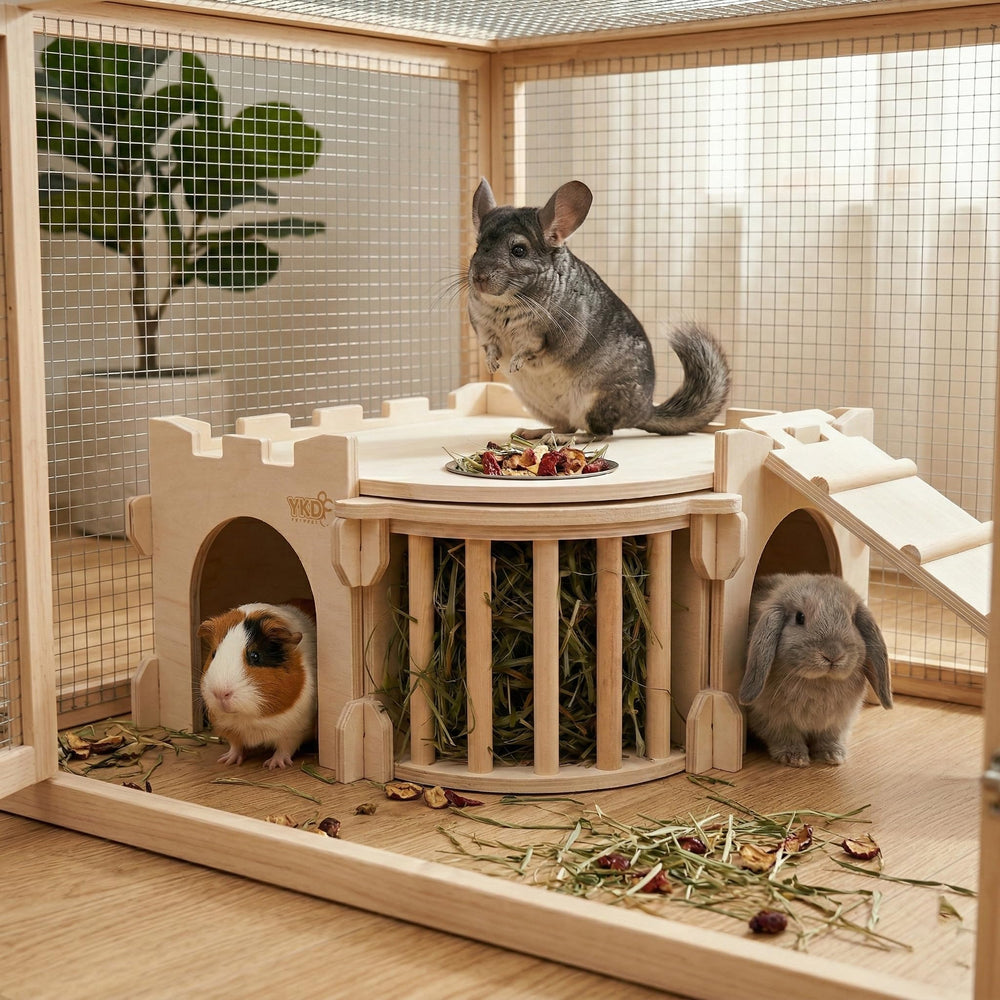 YKD Natural wood rabbit house with ladder for easy access and setup