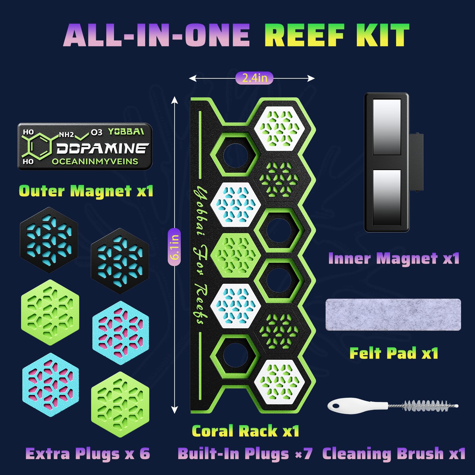 Yobbai fluorescent accents glow under reef lighting for easy viewing.