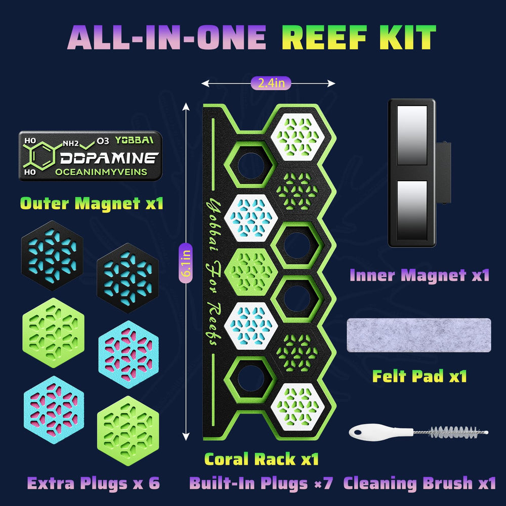 Yobbai fluorescent accents glow under reef lighting for easy viewing.