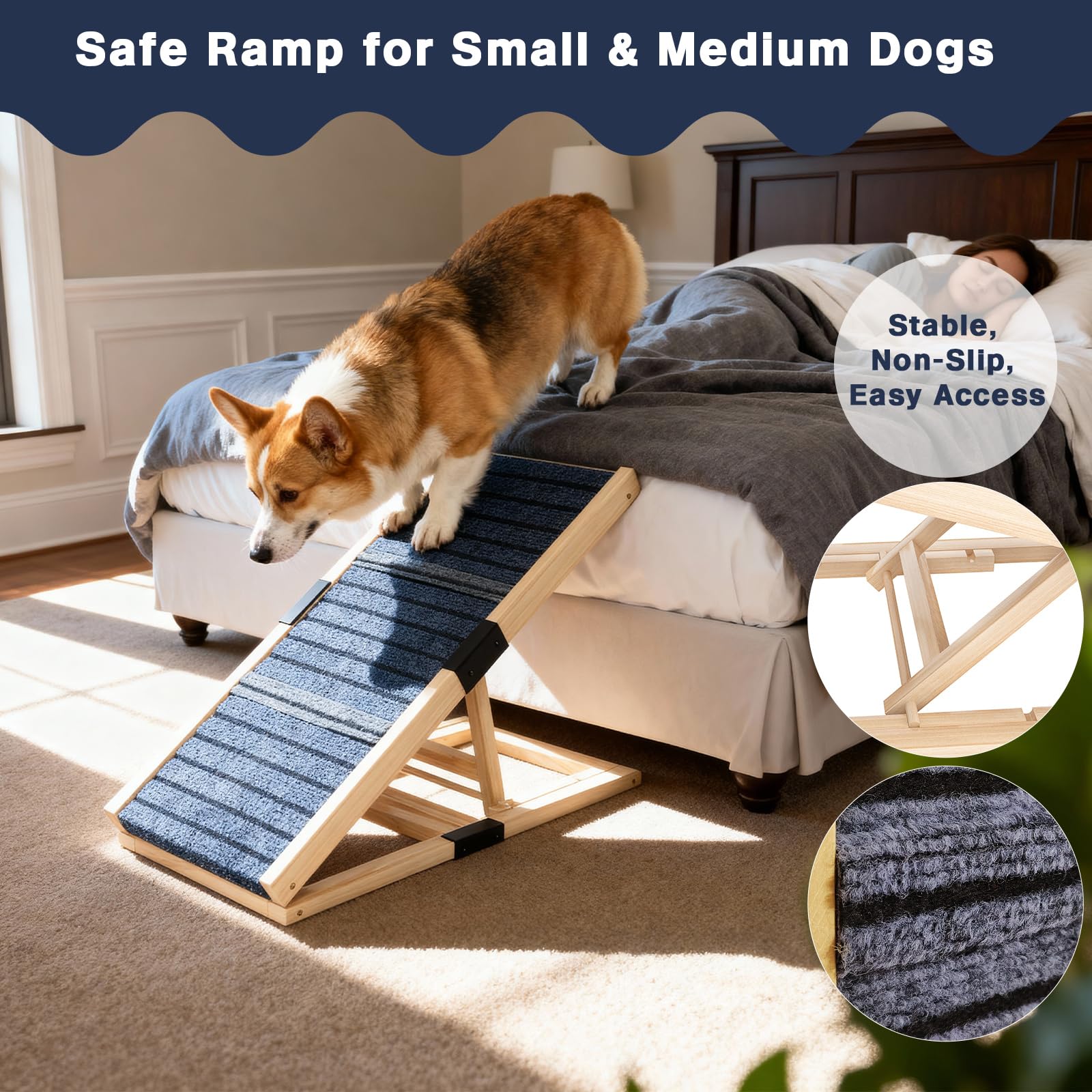 YOCAN dog ramp with anti-slip carpet surface enhances safety on stairs and furniture.